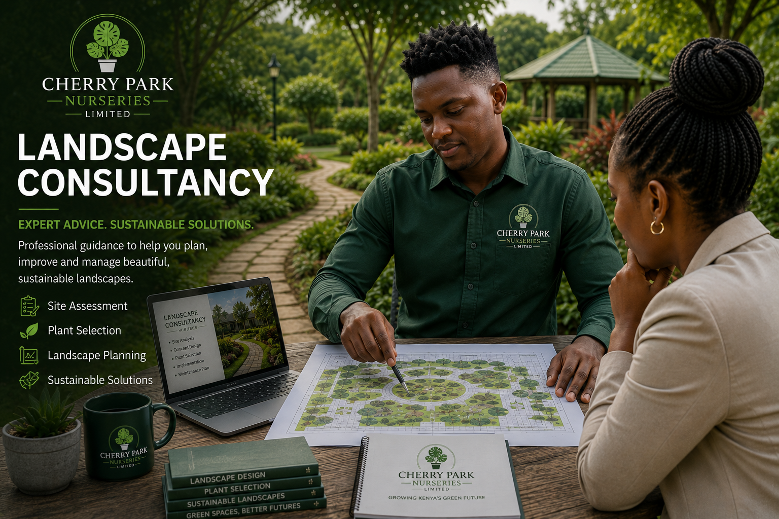 Landscape consultant reviewing site plans with a client